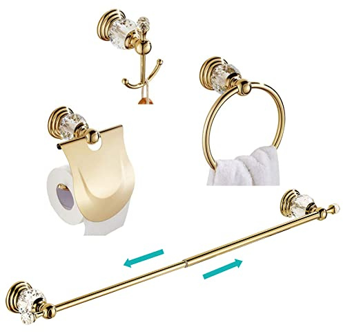 WOMAO Oro Juego de Accesorios de baño de 4 Piezas. Aleación de Zinc con Cristal, Barra de Toalla. Anillo de Toalla. Gancho de Toalla. Papel higiénico