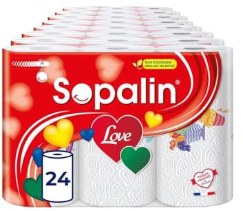 Sopalin Love – 24 Rouleaux de Essuie-tout cuisine, 47 Feuilles par Rouleau, Double épaisseur, Décoré, Texture en forme de Cœur, Blanc