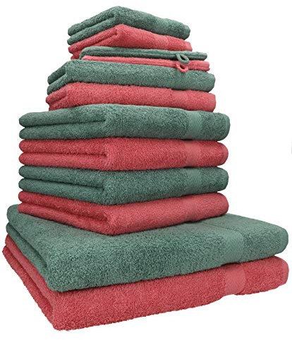 Betz Premium Handtuch-Set 12-teilig – 100% Baumwolle – Oeko-TEX® Zertifiziert – hohe Grammatur – Duschtücher, Handtücher, Gästetücher & Waschhandschuhe - Farbe Himbeere/tannengrün