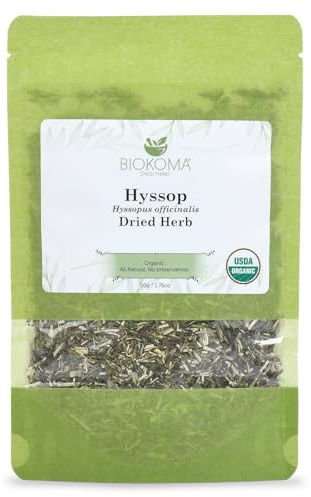 Biokoma Organic Hyssop Dried Herb 50g (1.76oz) Cut Hyssopus officinalis USDA Organic No GMO Herbal Tea Respiratory & Immune Support Resealable Moisture Proof Pouch No Additives No Preservatives Kosher