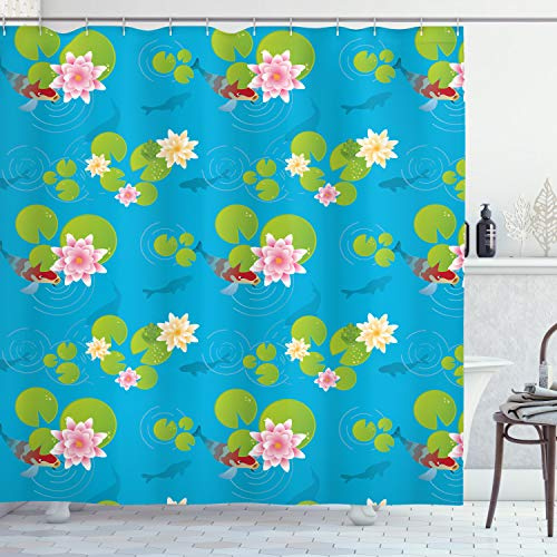 Ambesonne Pond Shower Curtain, Pattern of Koi Fishes and Frogs Swimming with Water Lilies and Lotus Flowers, Cloth Fabric Bathroom Decor Set with Hooks, 105 Extra Wide, Sky Blue Multicolor