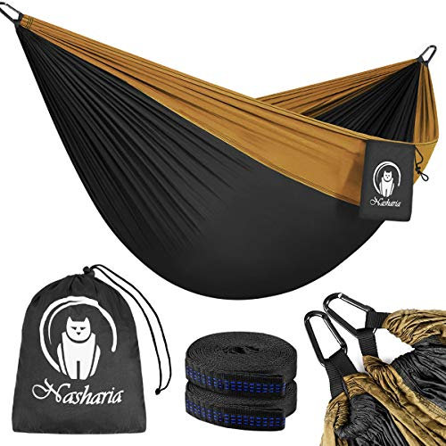 Nasharia Hängematte Outdoor, 2 Personen Outdoor Hammock 300KG Tragkraft 275 * 140 cm, Reisehängematte Ultraleicht Atmungsaktiver Hängematte Nylon Fallschirm für Outdoor Camping, Garten und Strand