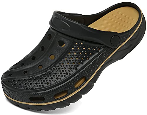 Unisex Mujer Hombre Zuecos de Verano Sandalias de Playa Respirable Zapatos de Jardín Zapatillas de Piscina con Plantilla Ergonómica, Suave para los pies, Negro Dorado, 46/47 EU (300)