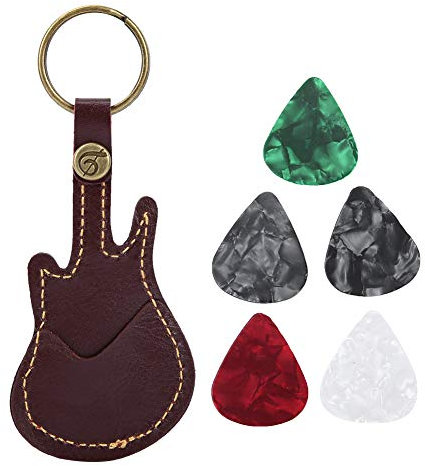 Schlüsselanhänger Plektrenhalter Leder Plektrum Tasche mit 5 Stück Plektren Tragbare Guitar Pick Aufbewahrungstasche für Akustik-/Elektro-/Bassgitarren (Braun)