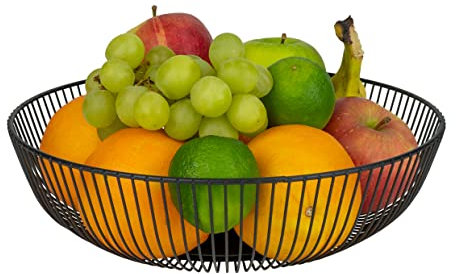 QUVIO Cesto per Frutta in Metallo, Ciotola per Frutta in Filo, Portafrutta Metallo per Piano di Cucina, Scodella Rotonda per Frutta, Verdura, Fruttiere Cestino per Frutta, Nero Fruttiere, 28 cm