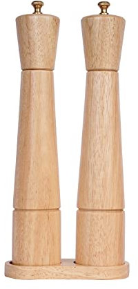 DeroTeno Salt and Pepper Mill Set with Tray, Adjustable Ceramic Grinder Salt Mill, Stainless Steel Grinder Pepper Mill, Rubber Wood, 32 cm Height, Bottom Dia 6 cm (Tray is Included