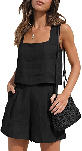 Springcmy Completo da donna 2 pezzi, pantaloncini senza maniche, canotta e pantaloncini elastici con tasche, estivo, spiaggia, lounge, Y2K, streetwear, A-Nero, L