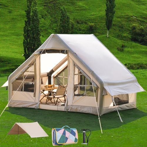 Tenda da campeggio gonfiabile con baldacchino, tenda da cabina, tenda da glamping per 4-6 persone, tenda da sole impermeabile, facile da installare, struttura autoportante, tenda gonfiabile con