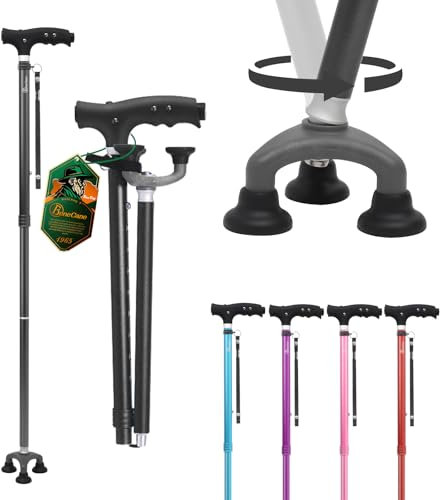 BeneCane Gehstock mit LED-Leucht für Männer und Frauen, höhenverstellbare Stöcke mit Stabiler 3-Basis, zusammenklappbarer Stock mit T-Griff, leicht & stabil