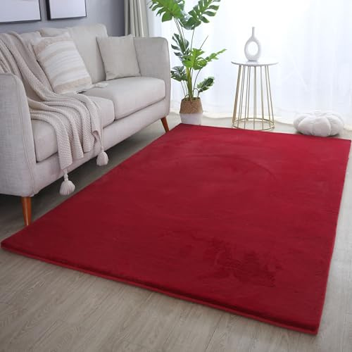 Weicher Hochflor Teppich Wohnzimmer Waschbarer Teppich im modernen Stil Unicolor & Einfarbig Teppich Felloptik Flauschig rutschfest Rechteckig Teppich in Farbe: Rot, Grösse: 200 x 290 cm