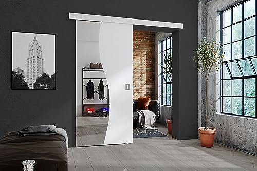 KIER FURNITURE Schiebetüren mit Spiegeln FALA – Schiebetür Komplettset Schiene Komplettset Mit Tür – Zimmertüren Mit Zarge Komplett - B86xH205xT1,6 cm - Weiß