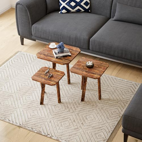 [en.casa] Ensemble de 3 Tables Basses Gigognes Lot de 3 Tables d'Appoint de Hauteurs Différentes Plateau Carré Bois de Pin 40-50 x 30 x 30 cm Bois Foncé