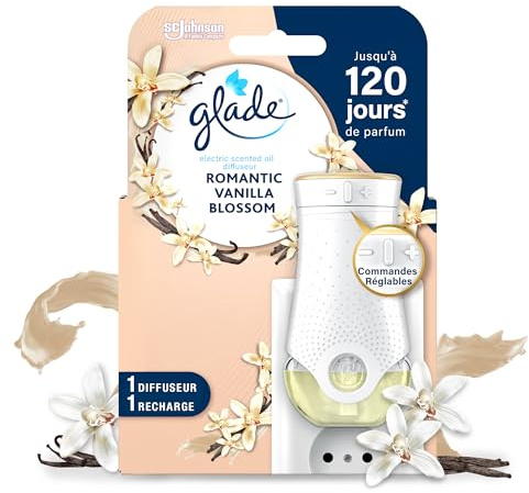 Glade Electric Scented Oil Diffuseur Réglable - Infusé Aux Huiles Essentielles - Jusqu'à 120 Jours De Parfum - Romantic Vanilla Blossom - 1 Diffuseur + 1 Recharge