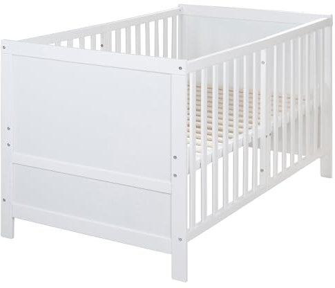 roba Babybett EASY SLEEP 70 x 140 cm inkl. Umbauecken - Mitwachsendes Gitterbett 3-fach höhenverstellbar - 3 Schlupfsprossen - Holz weiß lackiert