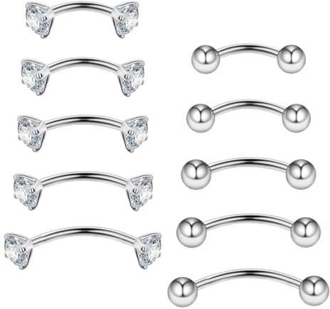 Gojewen 10pcs Curved Barbell Piercing Sourcils Piercing Lèvres Argent 6-14mm Acier Inoxydable Piercing Nez Septum Helix Rook