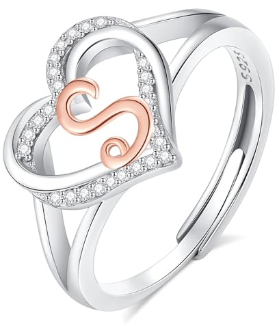 INFUSEU Anillo Iniciales, Plata de Ley 925 Anillos Abiertos Letras Forma Corazón Nombre Inicial Alfabeto A-Z Joyería Personalizada Ajustable Regalos para Mujeres Damas Niñas