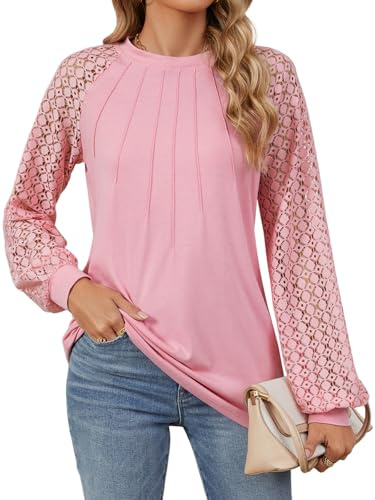 Blusas de Mujer Elegantes Camiseta Manga Larga con Encaje Camisa Mujer Top (Rosa,M)
