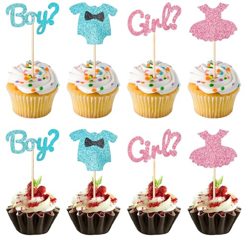 JJUNW 36 piezas de decoración para cupcakes de niño o niña, con purpurina rosa y azul, para baby shower y revelación de género, suministros de fiesta de cumpleaños para niños