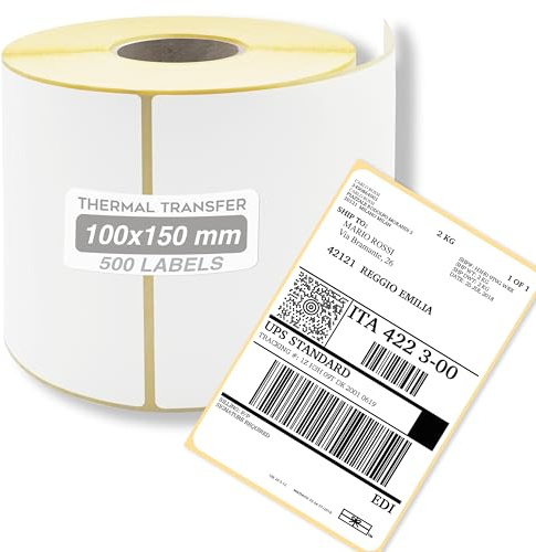 GIANTO Etichette Stampante Termica 100 x 150 mm, 1 Rotolo di Adesive a Trasferimento Termico Diretto, Autoadesive Permanente per Zebra, Anima Foro da 40 mm Universali (rotolo da 500 pz)
