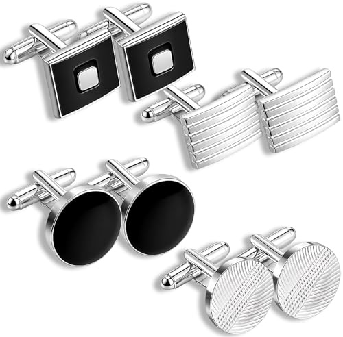4 Pairs Cufflinks for Men, Cuff Links Mens, Classic Tone Cuff Links, Mens Cufflinks Set Suitable for Business Wedding Party Gift, Striped Disc Square Rectangle Design