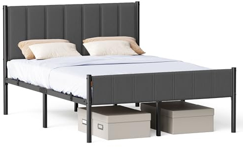 VASAGLE Doppelbettgestell, Bettgestell, 140 x 200 cm, mit gepolstertem Kopfteil, Bettrahmen, Stahl-Latten, trägt bis zu 500 kg, einfache Montage, schiefergrau RMB974GN01