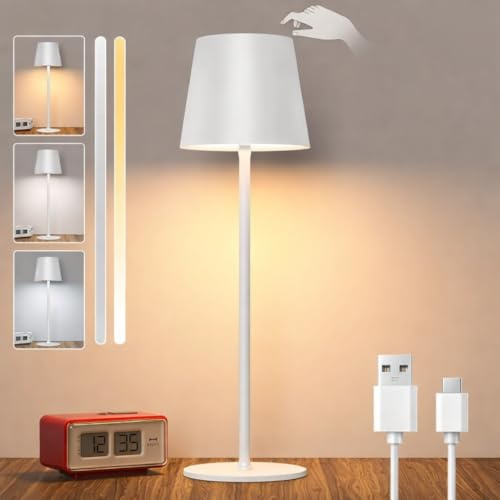 PRIME ESSENTIALS® Lámparas LED de Mesita de Noche Color Blanco para Dormitorio sin Cables I Lámpara Táctil de Mesa de Lectura Recargable I 3 Modos de Luz con Brillo y Altura Ajustable.