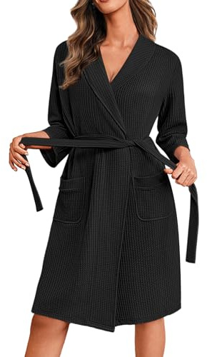 Ekouaer Peignoir de Bain Femme Court Gaufré Robe de Chambre avec Poches Doux et Léger Kimono Peignoirs | Robe de chambre en tricot avec poches, kimono élégant et respirant, longueur genou