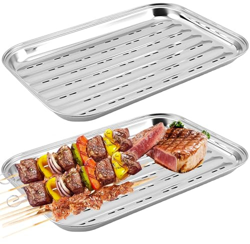 Demlaka 2 stycken BBQ grillskålar i rostfritt stål: 34,9 x 24,5 x 2,7 cm grillskål återanvändbar, återanvändbar grillkorg grönsakskorg, grilltillbehör för grönsaker, fisk eller kött grillpanna