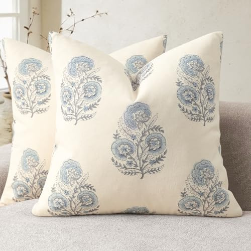 YCOLL Funda de Cojín Vintage Estampado Floral 45x45 Set de 2 Fundas de Cojín Flores Cojín de Sofá Diseño Moderno Cojín Decorativo para Sofá Sillón Cama Decoración del Hogar y Salón Azul Claro