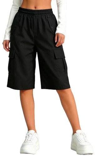 Bermuda Cargo Shorts for Girls Knee Length High Waist Pull On Shorts with Pockets Summer Quick Dry Baggy Biker Trousers Teen Loose Fit Running Hiking Athletic Bottoms (Black, 12-13 Years)