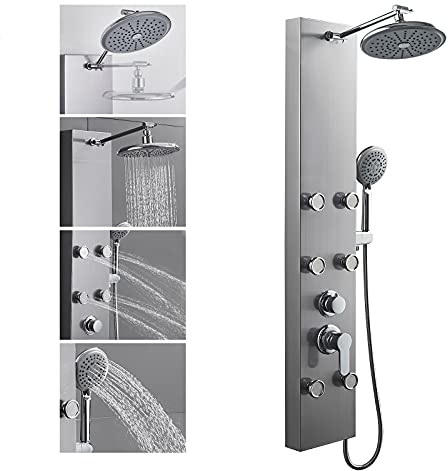 ROVOGO 304 Stainless Steel Shower Panels System with 8-inch Rainfall Shower, 6 Body Jets and 5-Setting Handheld Shower Wand, Shower Tower with Adjustable Head, Brushed