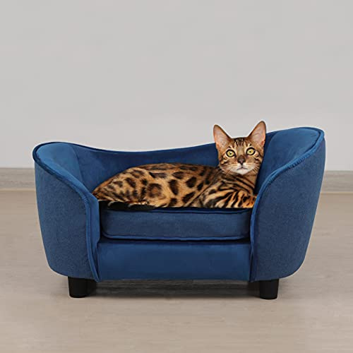 Getifun Pet Sofa Bed, Velvet & Linen Fabric Pet Couch Chair with Removeable & Washable Cushion for Small Dogs Cats (Blue)