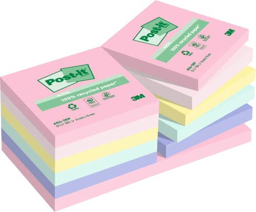 Post-it Återvunna anteckningar, blandade färger, förpackning med 12 block, 100 ark per block, 76 mm x 76 mm, färger: grön, rosa, gul, blå – självhäftande anteckningar tillverkade av 100 % återvunnet papper