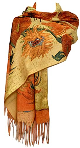 GFM® Wool Blend Cashmere Texture Painting Art Based Print Shawl Scarf for Autumn Winter (Van Gogh SunFlowers)(PWSHL-FS-3683-A)
