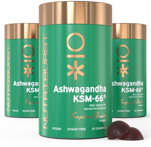 Nutriburst Ashwagandha KSM-66 • 3 Months • Vegan & Sugar Free Gummies | 180 tropical fruit flavour Ashwagandha vitamin gummies to boost mental clarity & reduce fatigue. With Vitamin B5 & Iodine.