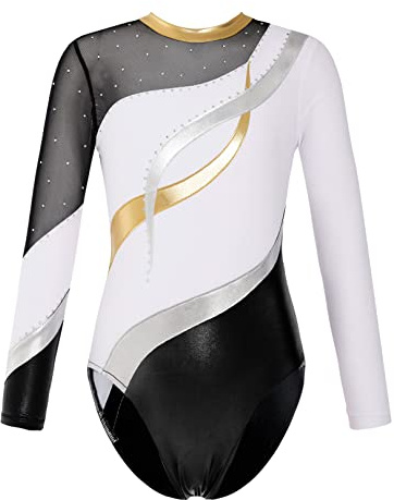 ranrann Enfant Fille Justaucorps Gymnastique Strass Manche Longue Danse Gym Tenue Patinage Artistique Costume Spectacle 5-16 Ans A Blanc 15-16 ans
