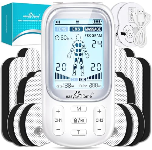 Easy@Home Electronic TENS Unit: Pain Relief Therapy - EMS Pulse Massager Rechargeable Machine - Dual Channel 24 Modes 20 Intensities 16 Pads TENS and Powered Muscle Stimulator EHE020