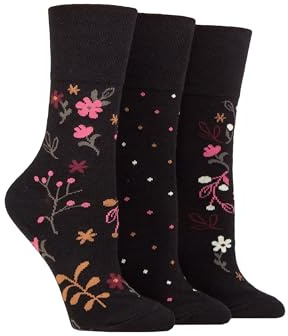 SockShop Gentle Grip Ladies Floral Spotted Patterned and Striped Honeycomb Top Cotton Socks in a Multipack of 3 Assorted Colours Size 4-8 Floral Night