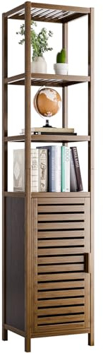 HITNET Bathroom Storage Cabinet Bamboo, Tall Narrow Space Saver Organizer Floor Standing for Kitchen, 4 Open Shelves and 1 Cupboard with Door, Walnut