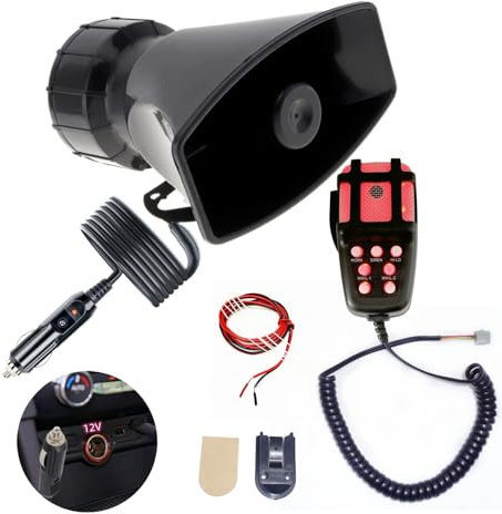 YIYIDA Autohupe Sirene Horn 7-Töne rotes Licht und schwarzes Horn Anschluss Auto Zigarettenanzünder 135db Lufthorn Notfall Sound Verstärker mit Mic PA System Alarmhorn für 12V Auto LKW Schiff etc