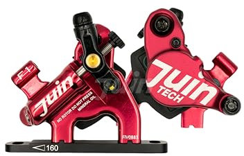 Juin JuinTECH F1 Hybrid Hydraulic Disc Brake Set: Front & Rear Flat Mount Road/Gravel Calipers, 160mm Direct (No Adapter), Cable-Actuated for Mechanical STI, Incl. Rotors, Tool-Free Adjust (Red)