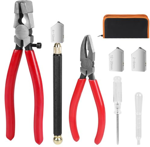 LALAGO 8pcs Cortador de Vidrio para Botellas, Alicates para Romper y Rejuntar Vidrio, Juego de Alicates para Correr Vidrio con 2 Cabezales de Corte de Repuesto, Tubo de Goteo para Azulejos de Mosaico