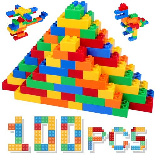 HIUME Mattoncini Costruzioni per Bambini 3 4 5 6 Anni - Set da 100 Blocchi Grandi Compatibili - Building Blocks Educativi - Giocattolo con Scatola - ABS Sicuro.