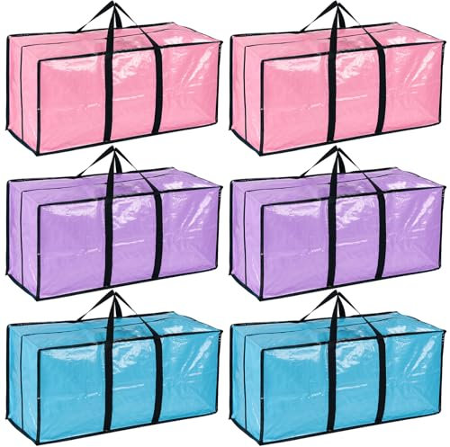 6 Pack Extra Large Strong Moving Boxes with Lid and Zips, Heavy Duty Big Storage Bag Box for Moving House, Clothes, Duvet, Travelling, Laundry Bags, Multi Color Packing Bag (3 Multi Color)