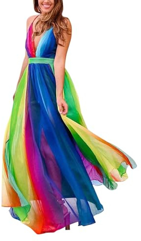Abiti Manica Lunga Autunno Primavera estate Nuovo europeo e americano Commercio estero Bordo delle donne bretella Abito sexy con bretelle in chiffon arcobaleno a V profonda Vestito Mini Bianco (XL)