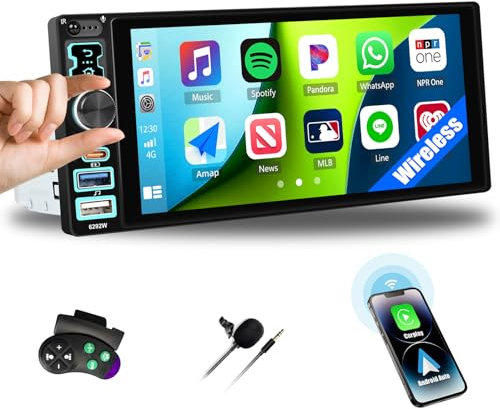 CAMECHO Autoradio 1 Din Wireless Carplay Android Auto Bluetooth 5.2 Radio con 6.8 Pollici Schermo IPS Touchscreen HD con Mirror Link Comando al Volante + Connettori per Schede USB Type-c
