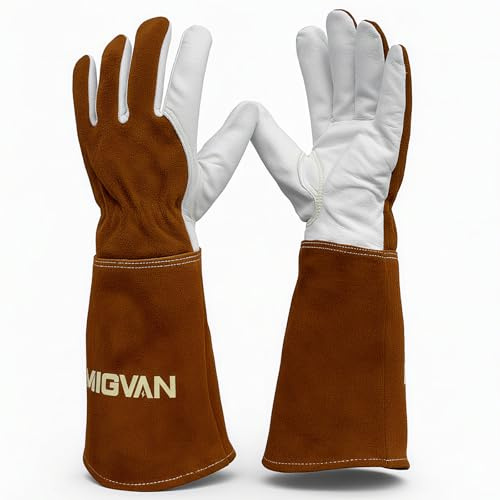MIGVAN Guanti da saldatura in pelle bovina – Guanti lunghi ignifughi per saldatura MIG/TIG, barbecue, camino, forno e cucina – Resistenti al calore, unisex, taglia M