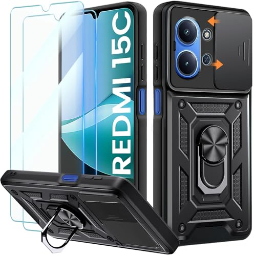 Yohii Funda para Xiaomi Redmi 15C 4G / 5G con 2 Piezas Cristal Templado, 360 Anillo Soporte, Cubierta De Cámara Deslizante, PC y Silicona TPU Bumper Antigolpes Case, Negro