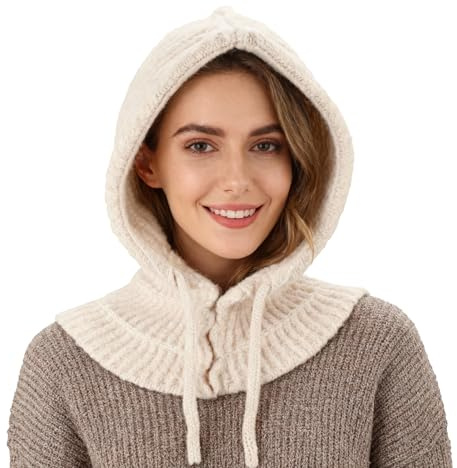 TAGVO Women Winter Knit Scarf Hat, 2 in 1 Thermal Beanie Neck Warmer,Adjustable Windproof Balaclava Unisex for Outdoor Beige