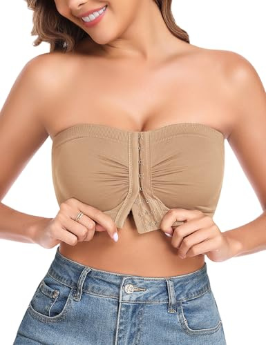 Niwicee Sujetador sin Tirantes Mujer Comodos Sujetadores sin Aros con Cierre Delantero Bralette Invisible sin Costuras (Piel Oscura,S)